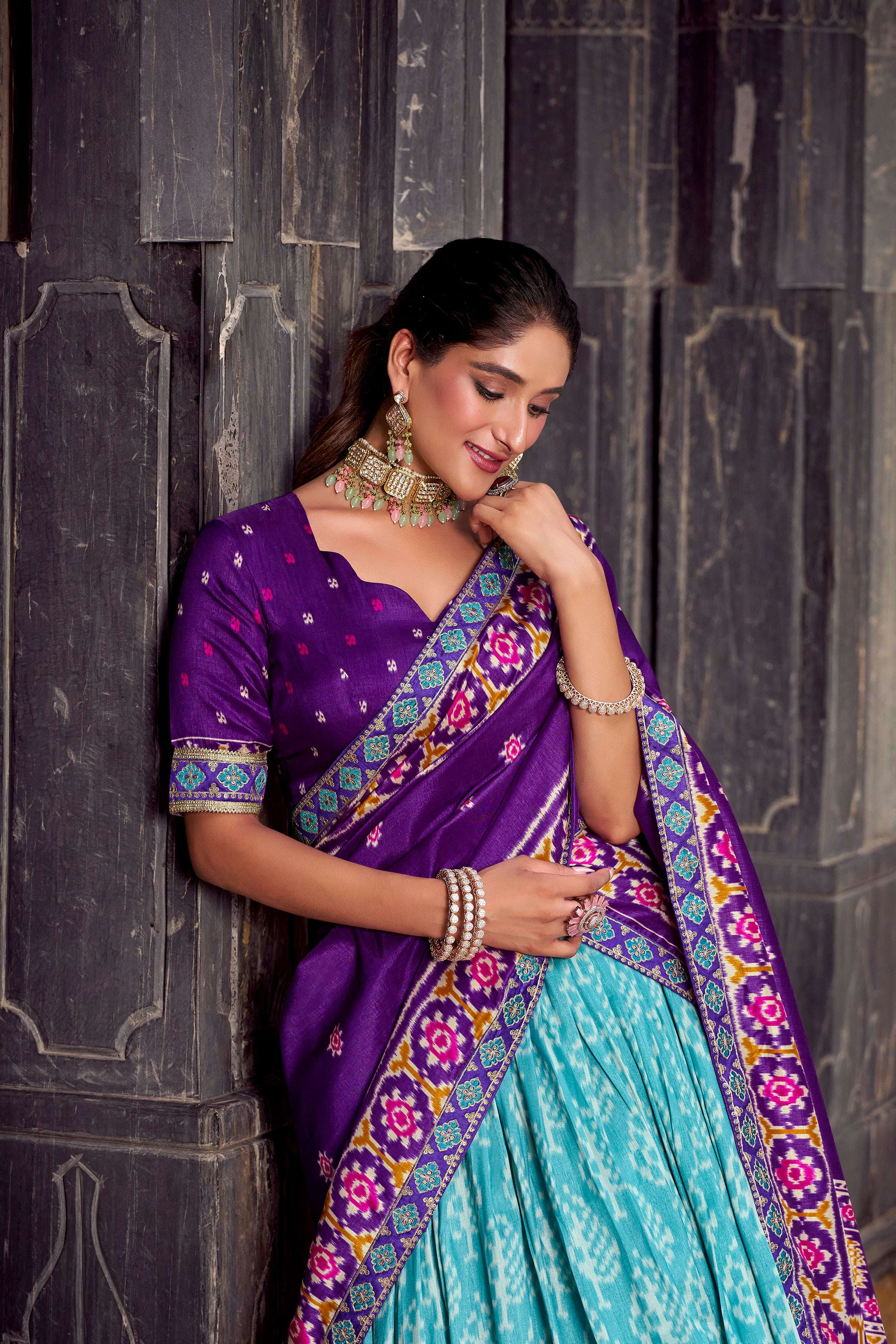 Lorenvalley Fashion Skyblue Tasar Silk Ikkat Print Lehenga Choli with Dupatta
