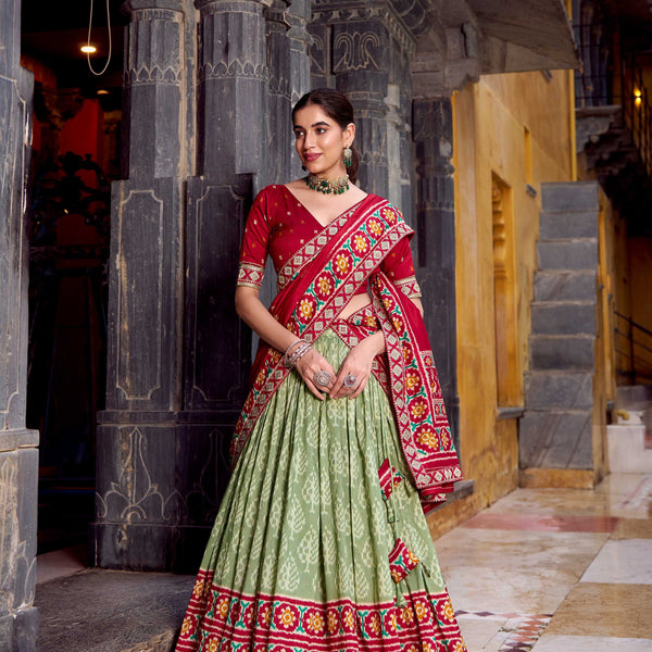 Lorenvalley Fashion Seagreen Tasar Silk Ikkat Print Lehenga Choli with Dupatta - Distacart