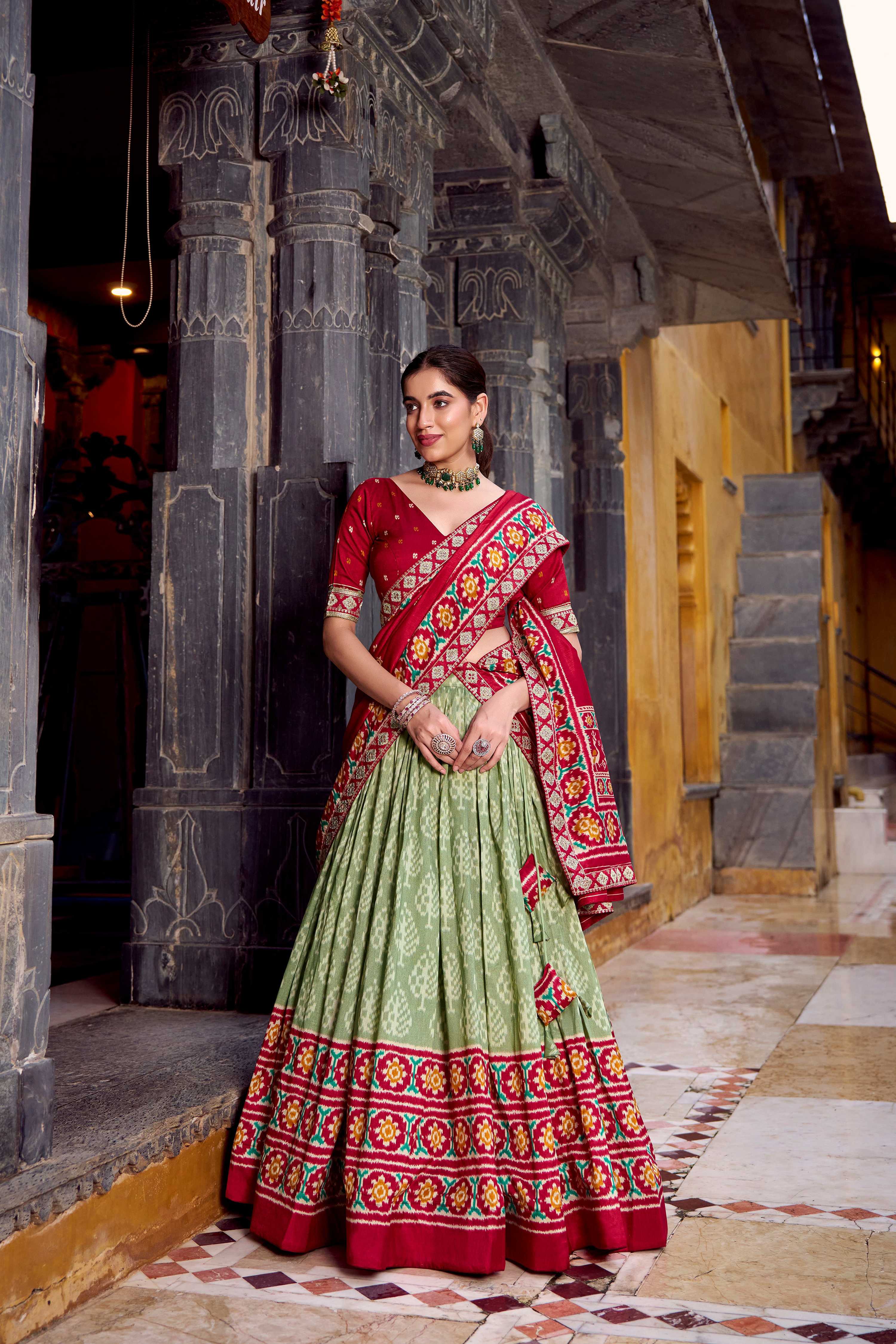 Lorenvalley Fashion Seagreen Tasar Silk Ikkat Print Lehenga Choli with Dupatta - Distacart