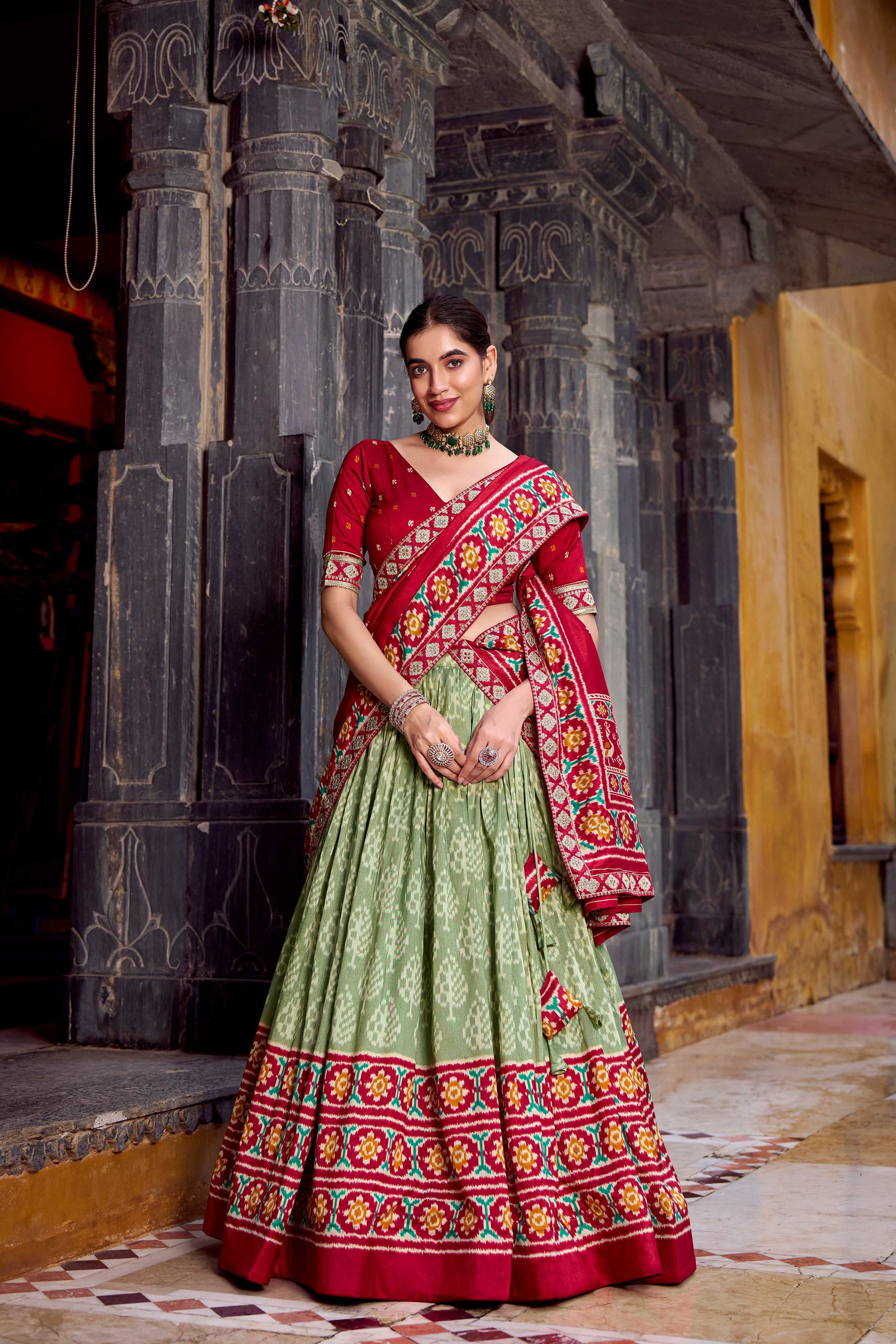 Lorenvalley Fashion Seagreen Tasar Silk Ikkat Print Lehenga Choli with Dupatta