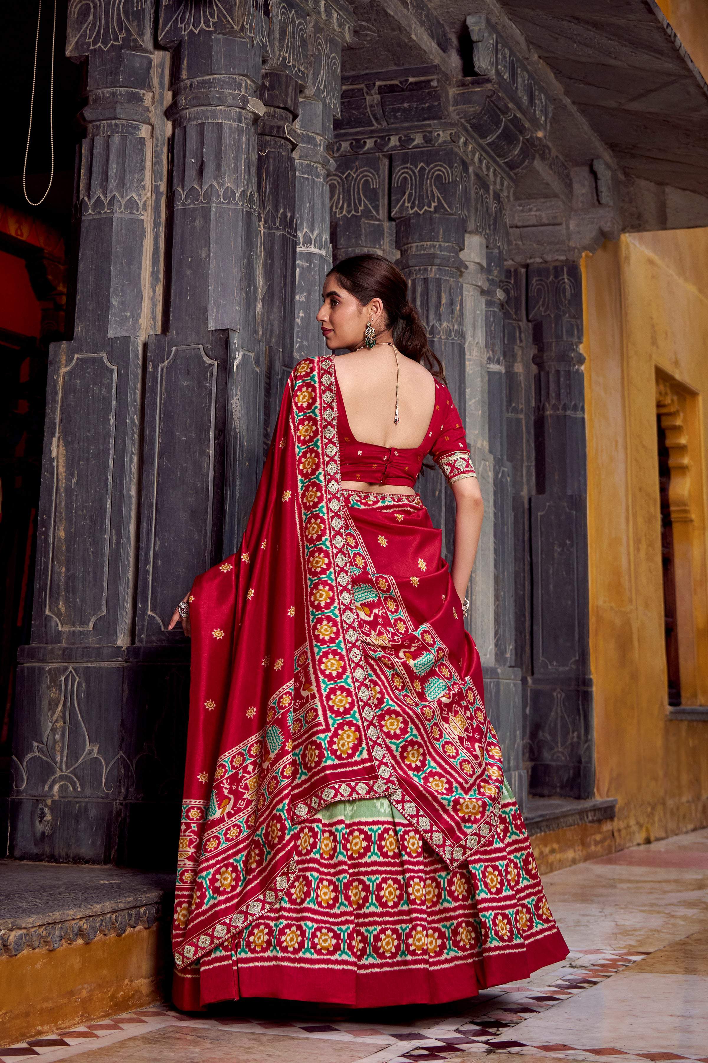 Lorenvalley Fashion Seagreen Tasar Silk Ikkat Print Lehenga Choli with Dupatta
