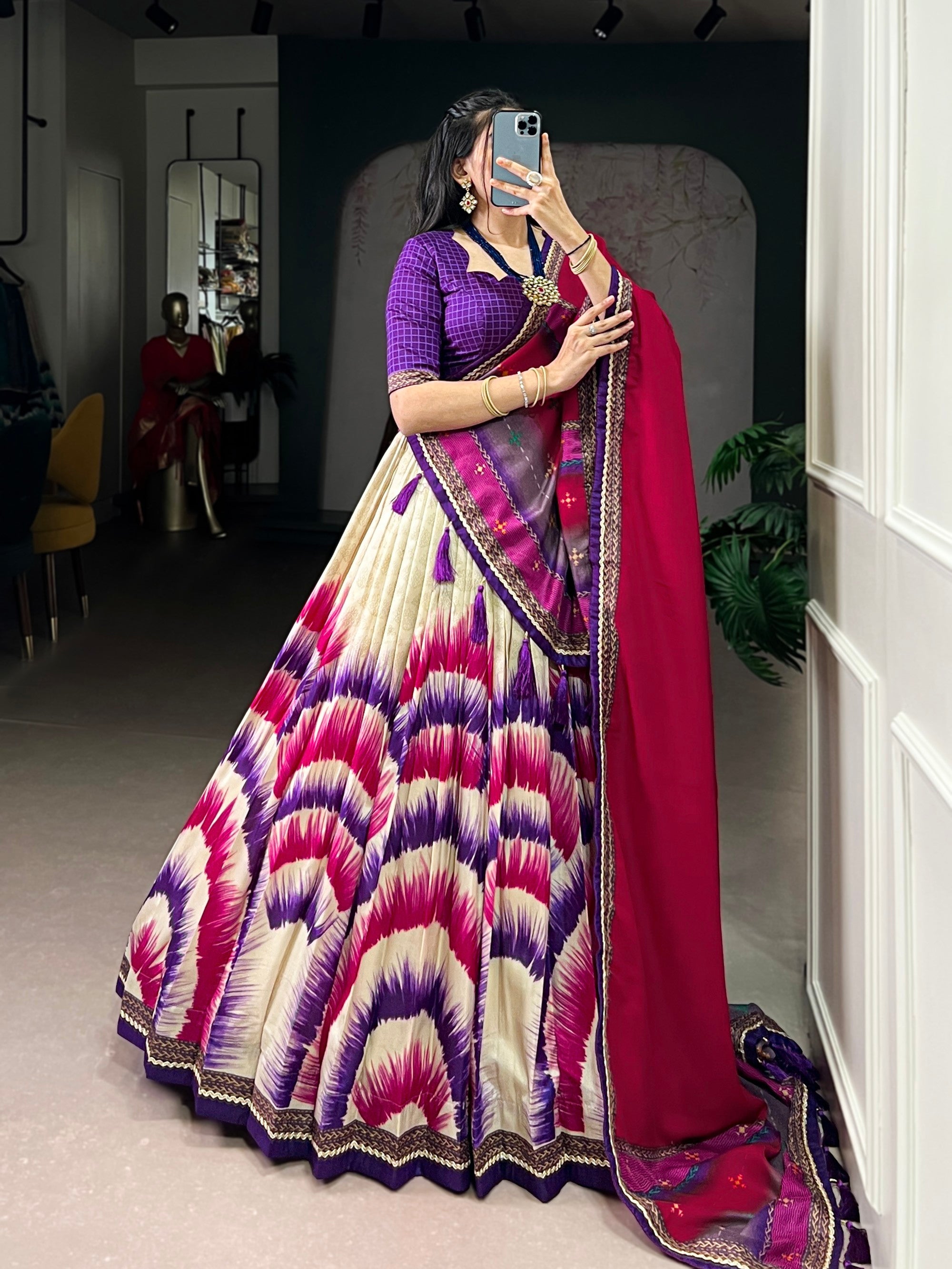 Lorenvalley Fashion Multicolor Tasar Silk Tie and Dye Print with Lace Touch Up Lehenga Choli with Dupatta