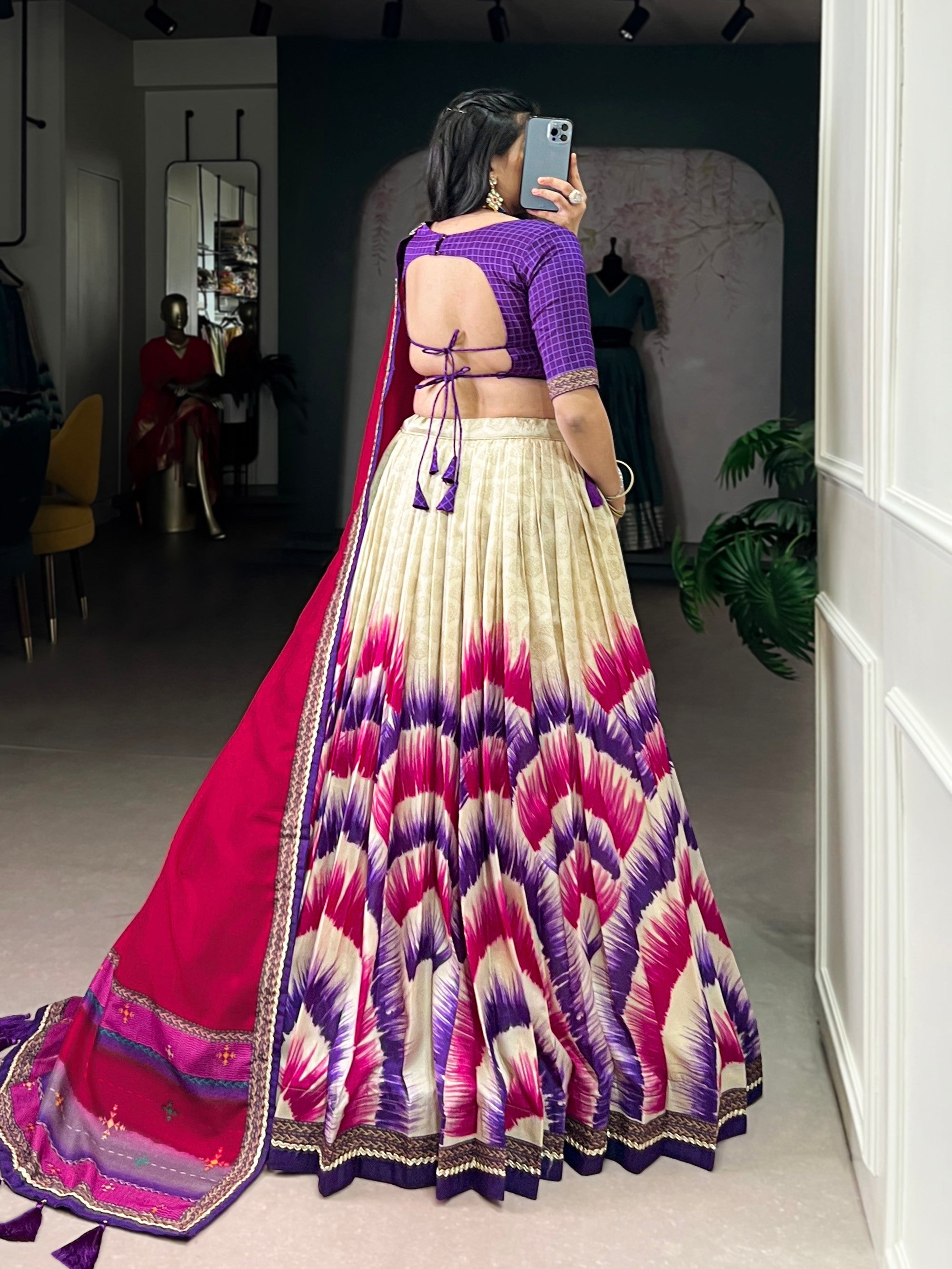 Lorenvalley Fashion Multicolor Tasar Silk Tie and Dye Print with Lace Touch Up Lehenga Choli with Dupatta