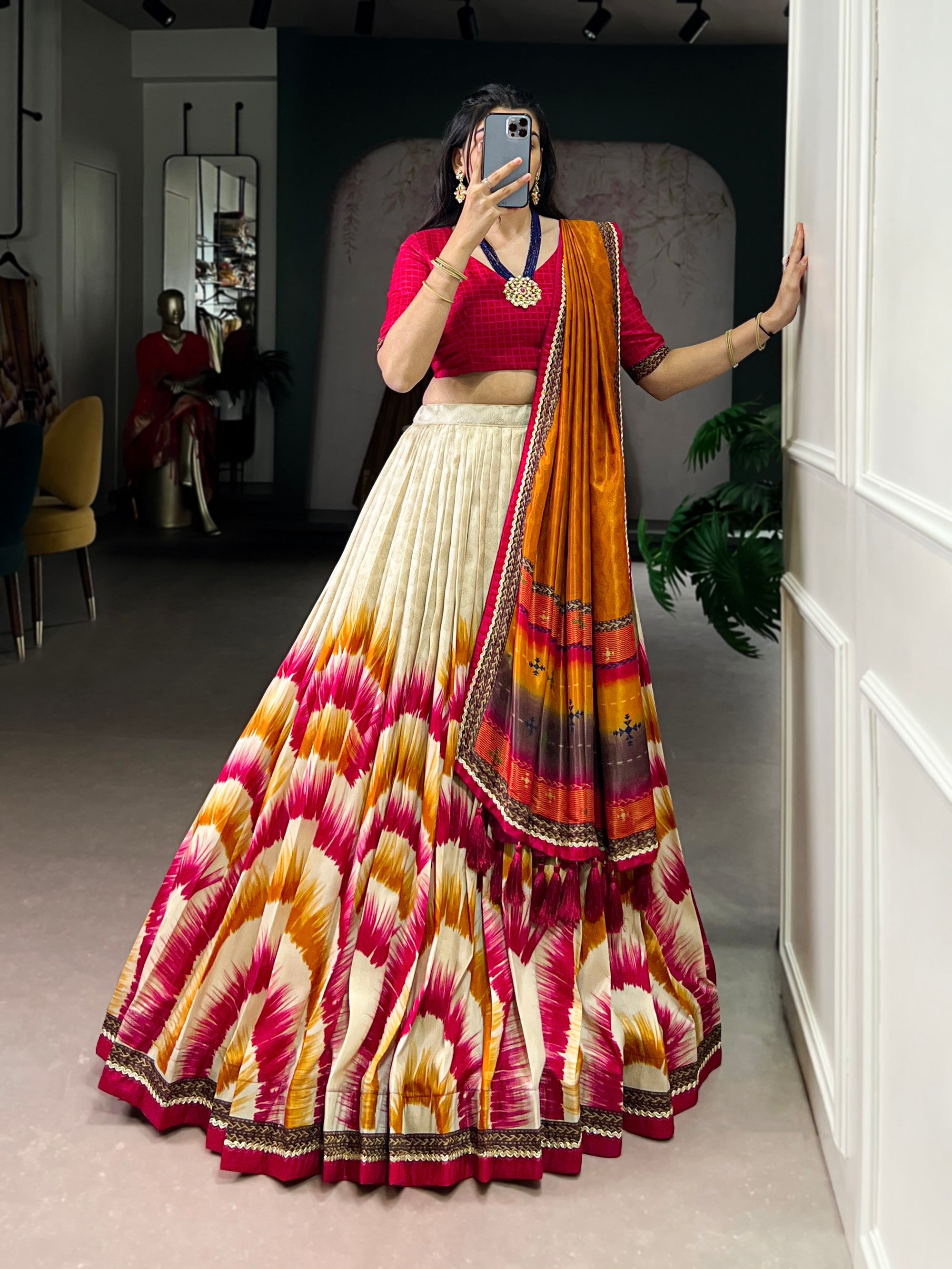 Lorenvalley Fashion Multicolor Tasar Silk Tie and Dye Print with Lace Touch Up Lehenga Choli with Dupatta