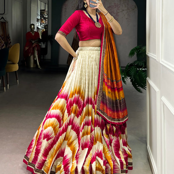 Lorenvalley Fashion Multicolor Tasar Silk Tie and Dye Print with Lace Touch Up Lehenga Choli with Dupatta