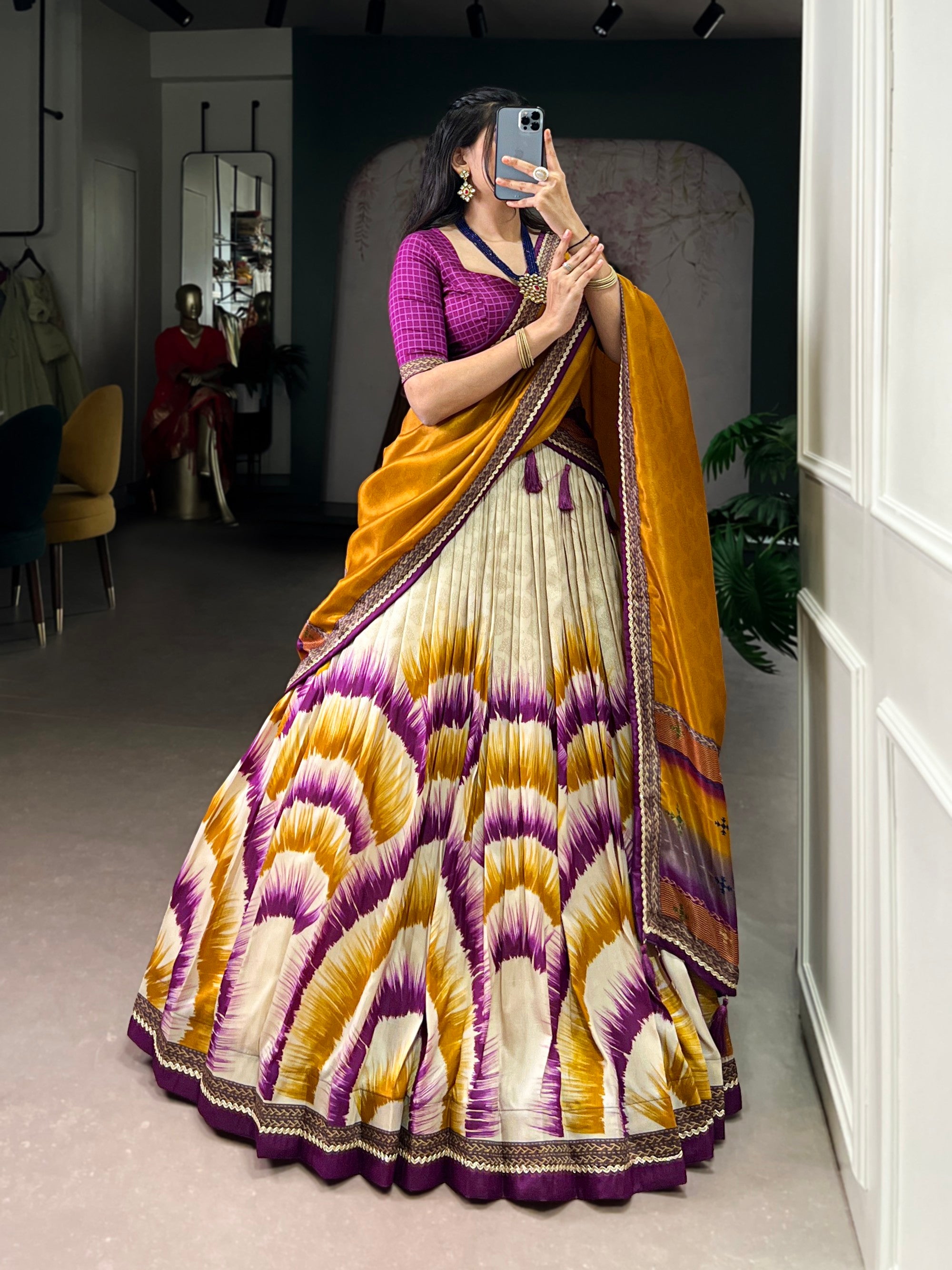 Lorenvalley Fashion Multicolor Tasar Silk Tie and Dye Print with Lace Touch Up Lehenga Choli with Dupatta