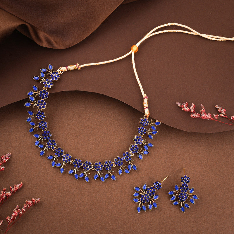 Tehzeeb Creations Royal Blue Pack of 1 Gold-Polished Choker Necklace Set With Earring For Women & Girls - Distacart