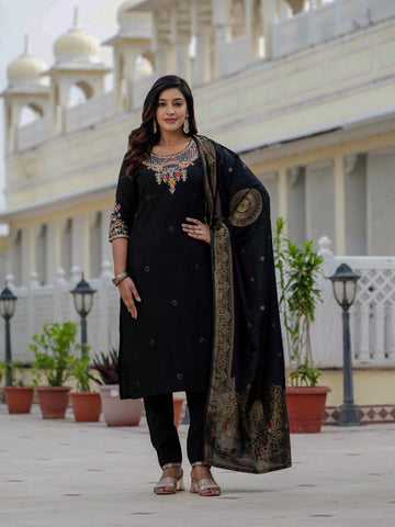 Vedant Vastram Roman Silk Embroidery & Sequence Work Stitched Kurta Pant Dupatta Set-Black - Distacart