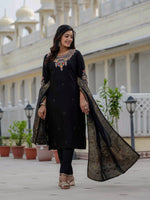 Thumbnail for Vedant Vastram Roman Silk Embroidery & Sequence Work Stitched Kurta Pant Dupatta Set-Black