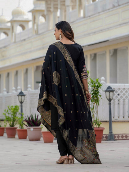 Vedant Vastram Roman Silk Embroidery & Sequence Work Stitched Kurta Pant Dupatta Set-Black - Distacart