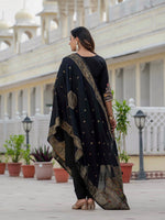 Thumbnail for Vedant Vastram Roman Silk Embroidery & Sequence Work Stitched Kurta Pant Dupatta Set-Black