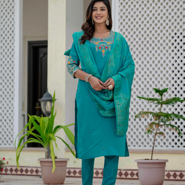 Vedant Vastram Roman Silk Embroidery & Sequence Work Stitched Kurta Pant Dupatta Set-Firozi - Distacart