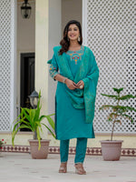 Thumbnail for Vedant Vastram Roman Silk Embroidery & Sequence Work Stitched Kurta Pant Dupatta Set-Firozi - Distacart