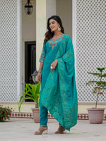 Thumbnail for Vedant Vastram Roman Silk Embroidery & Sequence Work Stitched Kurta Pant Dupatta Set-Firozi - Distacart
