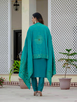 Thumbnail for Vedant Vastram Roman Silk Embroidery & Sequence Work Stitched Kurta Pant Dupatta Set-Firozi - Distacart