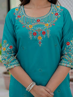 Thumbnail for Vedant Vastram Roman Silk Embroidery & Sequence Work Stitched Kurta Pant Dupatta Set-Firozi - Distacart
