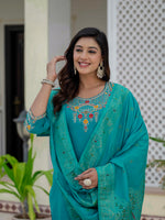 Thumbnail for Vedant Vastram Roman Silk Embroidery & Sequence Work Stitched Kurta Pant Dupatta Set-Firozi - Distacart