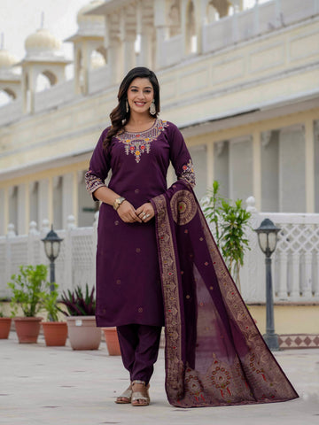 Vedant Vastram Roman Silk Embroidery & Sequence Work Stitched Kurta Pant Dupatta Set-Wine - Distacart