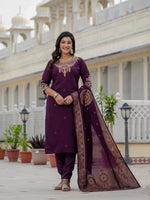 Thumbnail for Vedant Vastram Roman Silk Embroidery & Sequence Work Stitched Kurta Pant Dupatta Set-Wine - Distacart