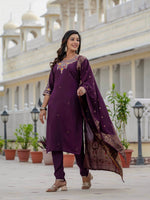 Thumbnail for Vedant Vastram Roman Silk Embroidery & Sequence Work Stitched Kurta Pant Dupatta Set-Wine - Distacart