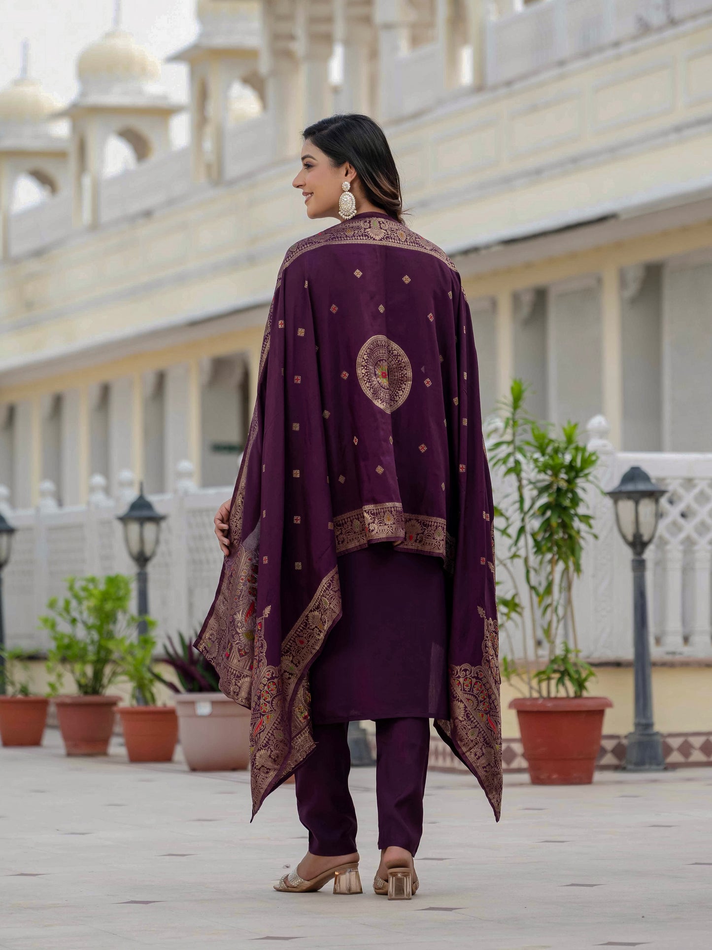 Vedant Vastram Roman Silk Embroidery & Sequence Work Stitched Kurta Pant Dupatta Set-Wine - Distacart