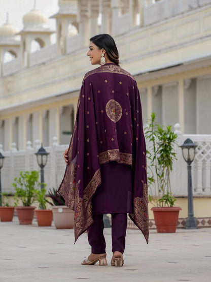 Vedant Vastram Roman Silk Embroidery & Sequence Work Stitched Kurta Pant Dupatta Set-Wine - Distacart
