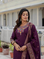 Thumbnail for Vedant Vastram Roman Silk Embroidery & Sequence Work Stitched Kurta Pant Dupatta Set-Wine - Distacart