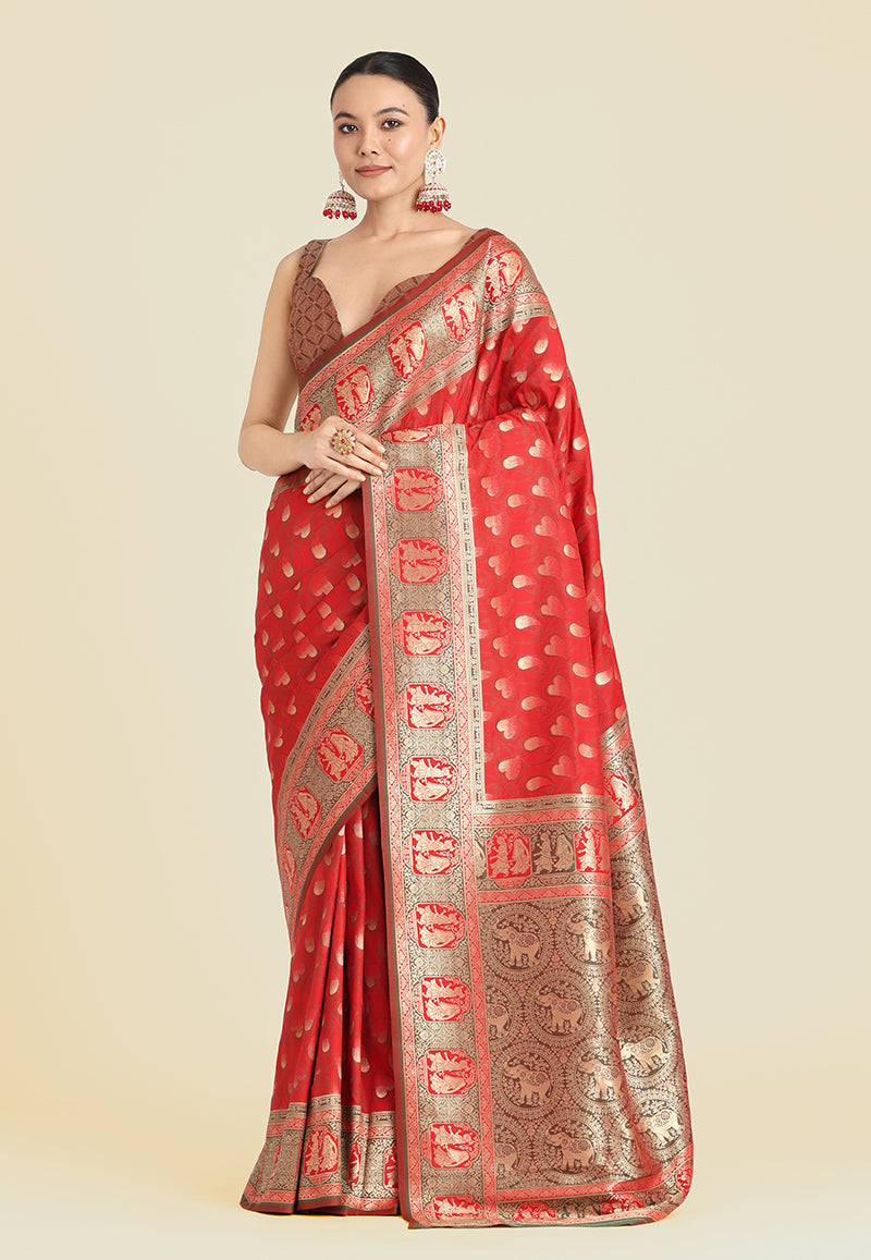 Monjolika Fashion Red Color Weaving Banarasi Silktraditional Saree - Distacart