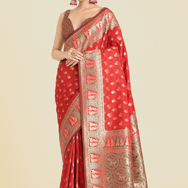 Monjolika Fashion Red Color Weaving Banarasi Silktraditional Saree - Distacart