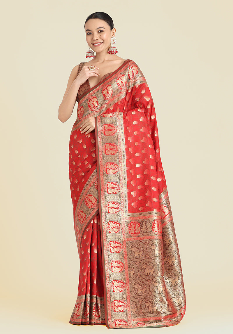 Monjolika Fashion Red Color Weaving Banarasi Silktraditional Saree - Distacart