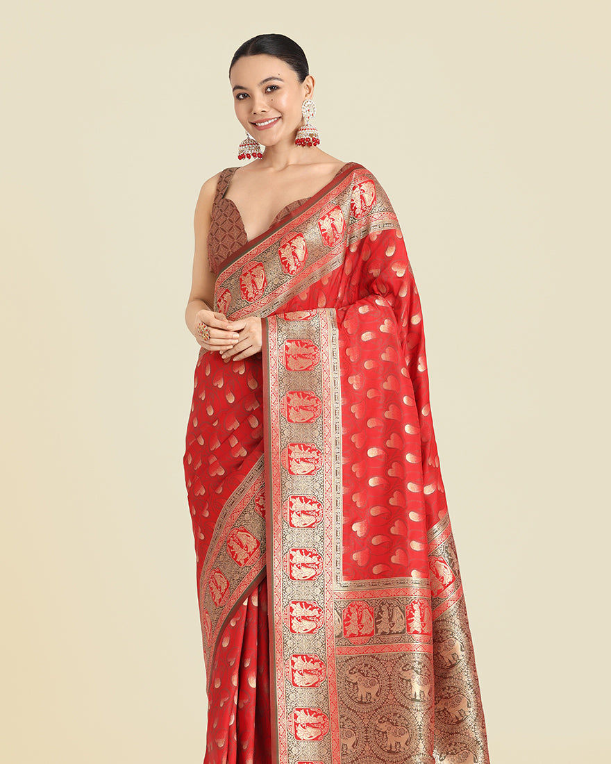Monjolika Fashion Red Color Weaving Banarasi Silktraditional Saree - Distacart
