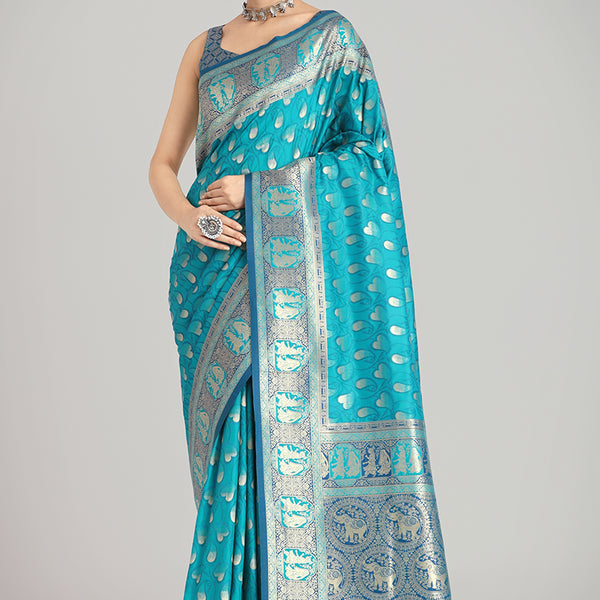 Monjolika Fashion Turquoise Blue Color Weaving Banarasi Silktraditional Saree - Distacart