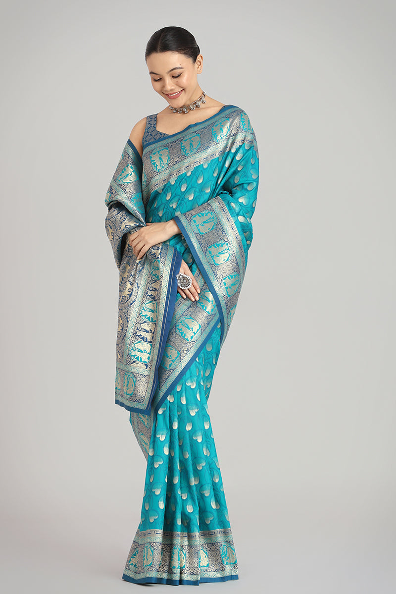 Monjolika Fashion Turquoise Blue Color Weaving Banarasi Silktraditional Saree - Distacart