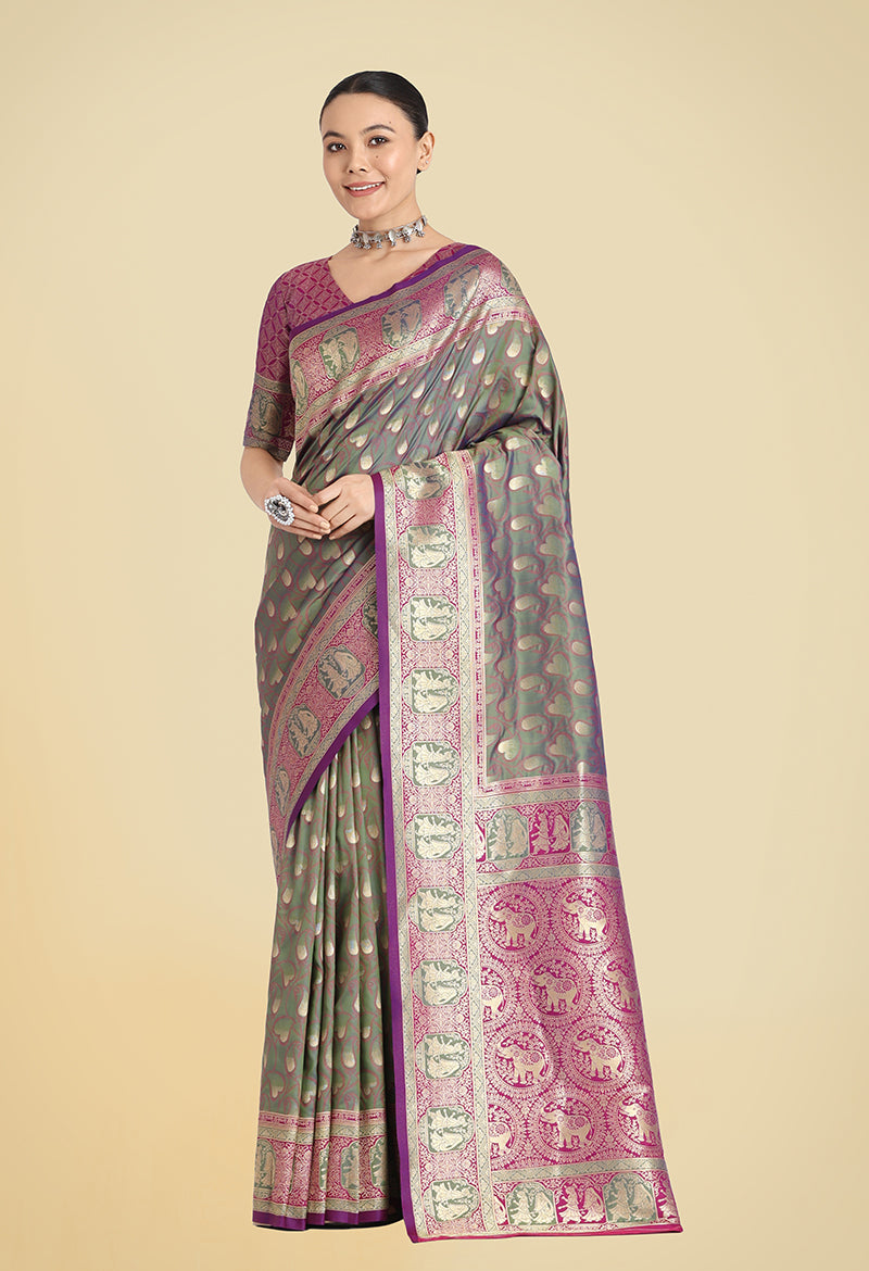 Monjolika Fashion Olive Green Color Weaving Banarasi Silktraditional Saree - Distacart