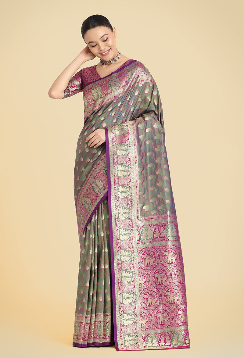 Monjolika Fashion Olive Green Color Weaving Banarasi Silktraditional Saree - Distacart