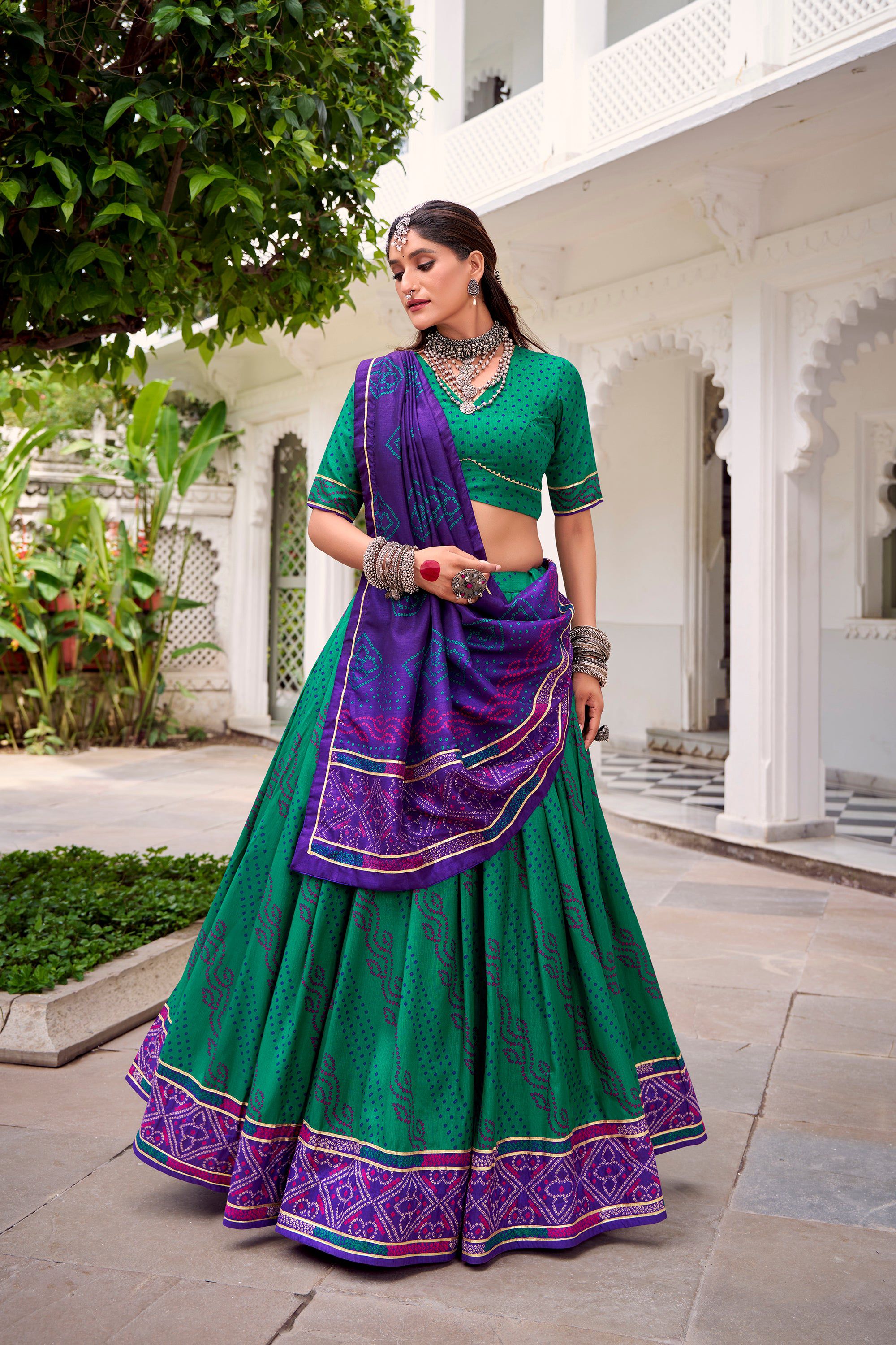 Lorenvalley Fashion Green Tasar Silk Bandhej Print With Gotta Patti Lace Touch Up Lehenga Choli with Dupatta