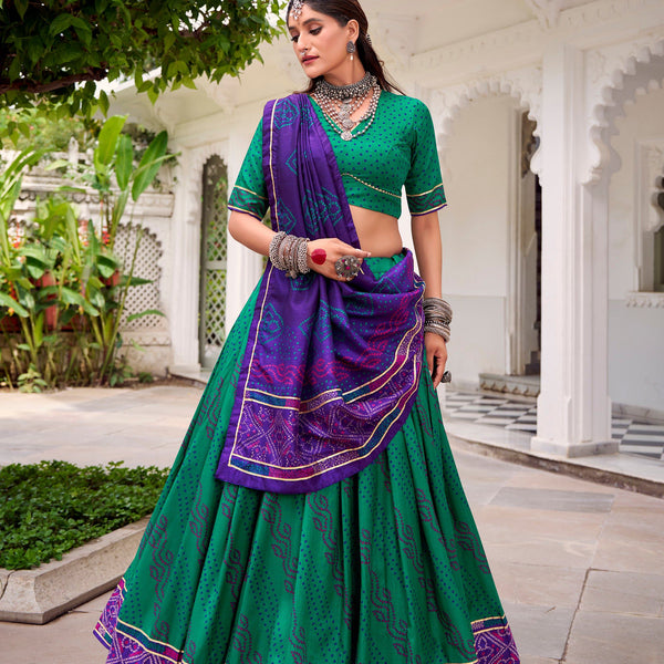 Lorenvalley Fashion Green Tasar Silk Bandhej Print With Gotta Patti Lace Touch Up Lehenga Choli with Dupatta