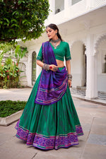 Thumbnail for Lorenvalley Fashion Green Tasar Silk Bandhej Print With Gotta Patti Lace Touch Up Lehenga Choli with Dupatta