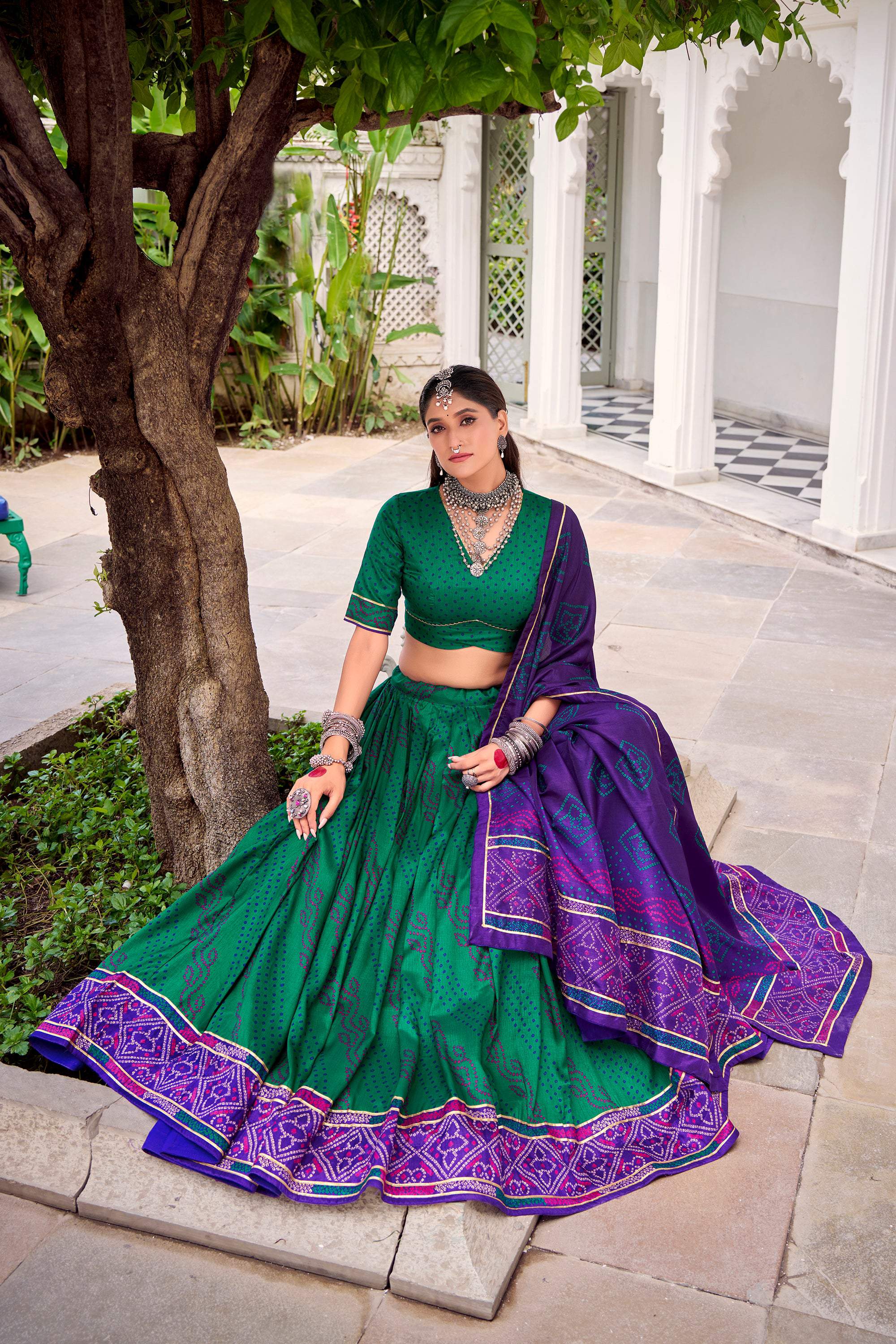Lorenvalley Fashion Green Tasar Silk Bandhej Print With Gotta Patti Lace Touch Up Lehenga Choli with Dupatta