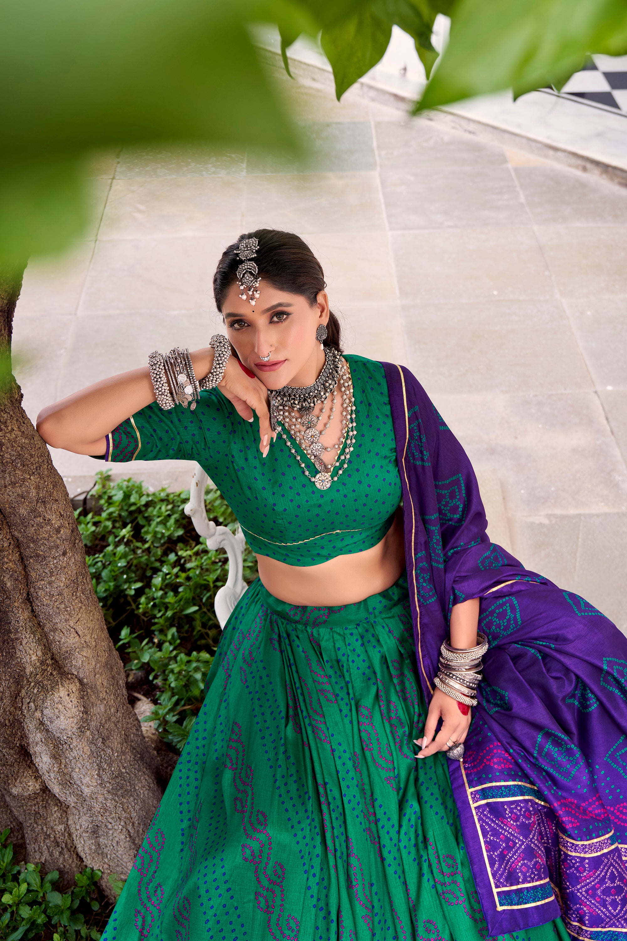 Lorenvalley Fashion Green Tasar Silk Bandhej Print With Gotta Patti Lace Touch Up Lehenga Choli with Dupatta