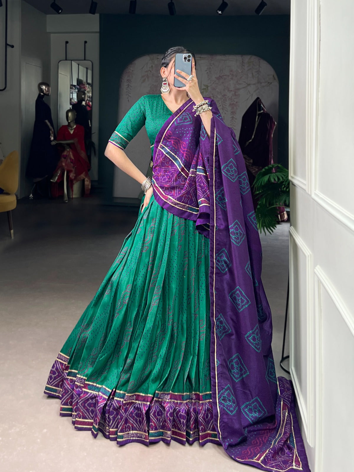 Lorenvalley Fashion Green Tasar Silk Bandhej Print With Gotta Patti Lace Touch Up Lehenga Choli with Dupatta