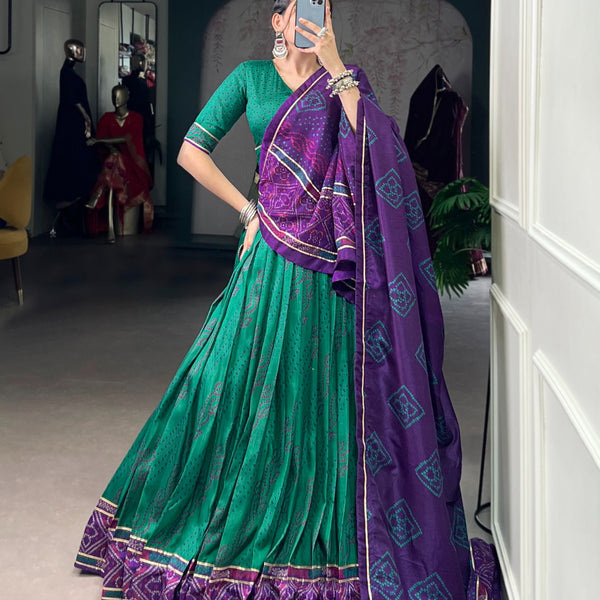 Lorenvalley Fashion Green Tasar Silk Bandhej Print With Gotta Patti Lace Touch Up Lehenga Choli with Dupatta - Distacart