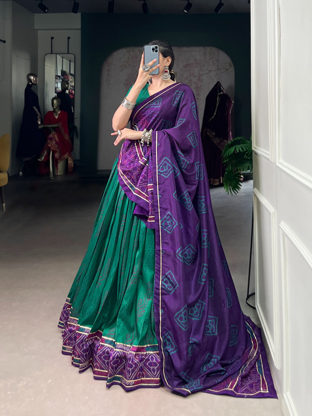 Lorenvalley Fashion Green Tasar Silk Bandhej Print With Gotta Patti Lace Touch Up Lehenga Choli with Dupatta