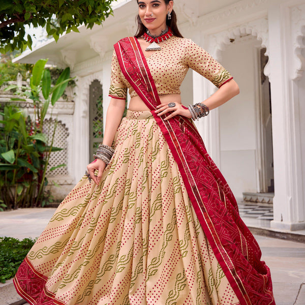 Lorenvalley Fashion Offwhite Tasar Silk Bandhej Print With Gotta Patti Lace Touch Up Lehenga Choli with Dupatta - Distacart