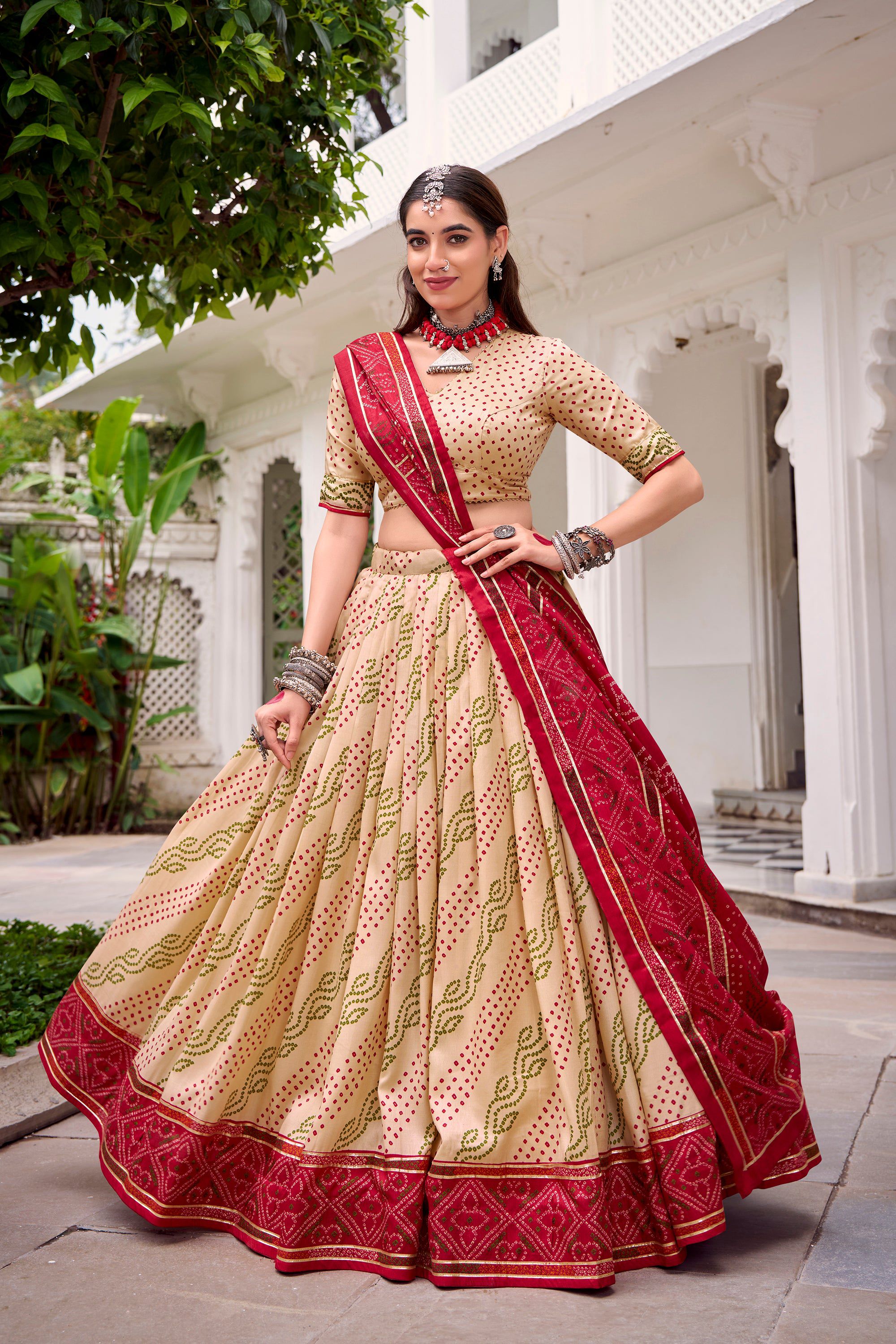 Lorenvalley Fashion Offwhite Tasar Silk Bandhej Print With Gotta Patti Lace Touch Up Lehenga Choli with Dupatta - Distacart