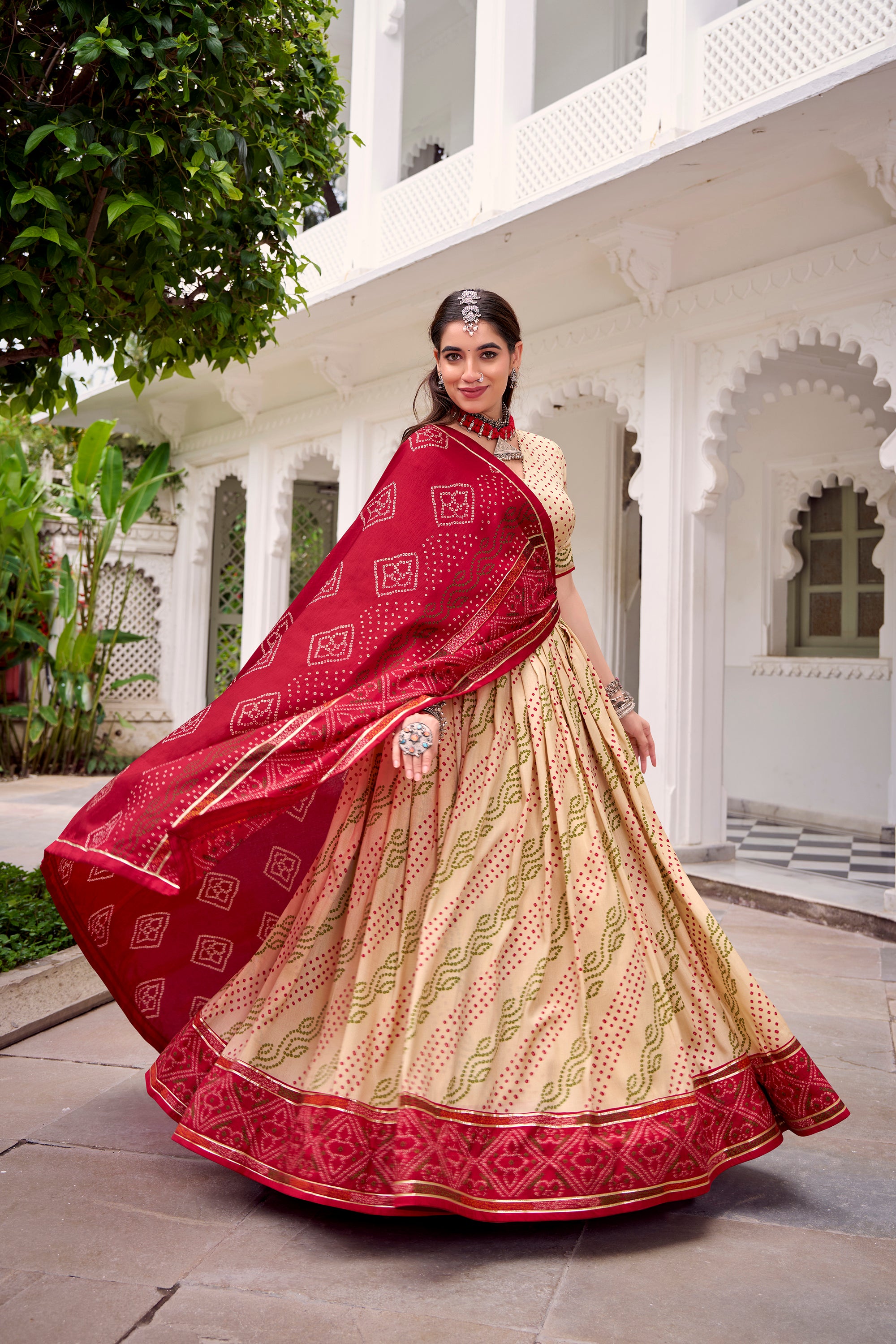 Lorenvalley Fashion Offwhite Tasar Silk Bandhej Print With Gotta Patti Lace Touch Up Lehenga Choli with Dupatta