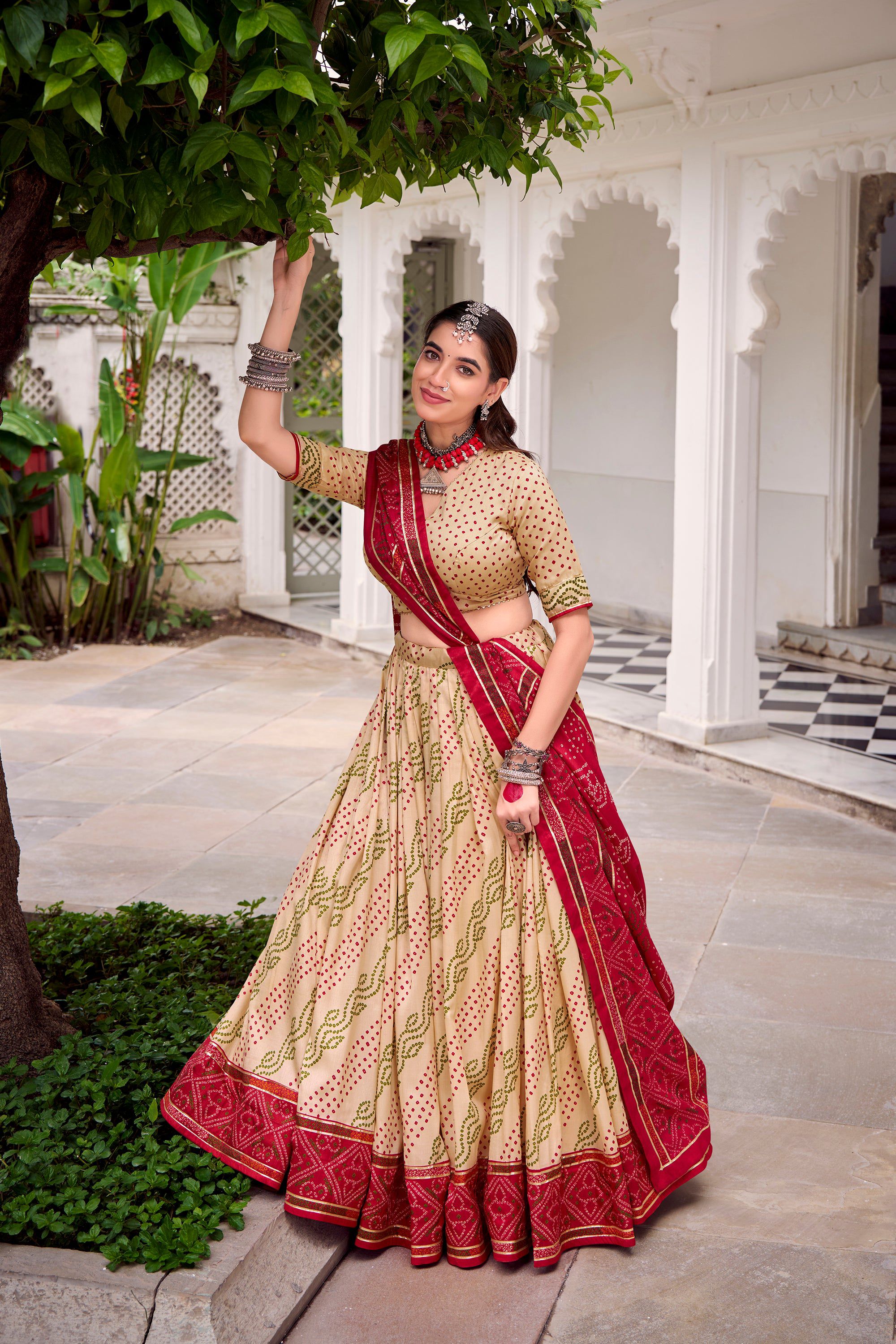 Lorenvalley Fashion Offwhite Tasar Silk Bandhej Print With Gotta Patti Lace Touch Up Lehenga Choli with Dupatta