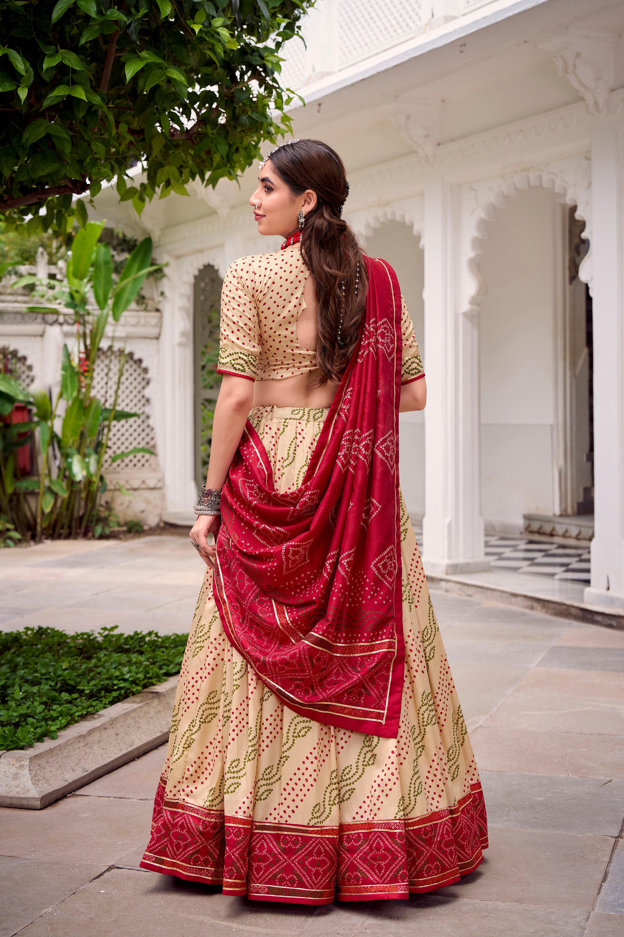Lorenvalley Fashion Offwhite Tasar Silk Bandhej Print With Gotta Patti Lace Touch Up Lehenga Choli with Dupatta