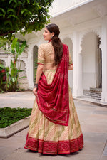 Thumbnail for Lorenvalley Fashion Offwhite Tasar Silk Bandhej Print With Gotta Patti Lace Touch Up Lehenga Choli with Dupatta