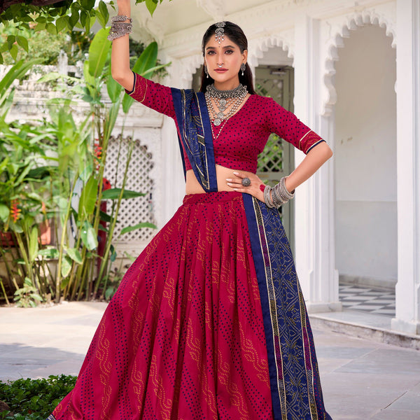 Lorenvalley Fashion Pink Tasar Silk Bandhej Print With Gotta Patti Lace Touch Up Lehenga Choli with Dupatta